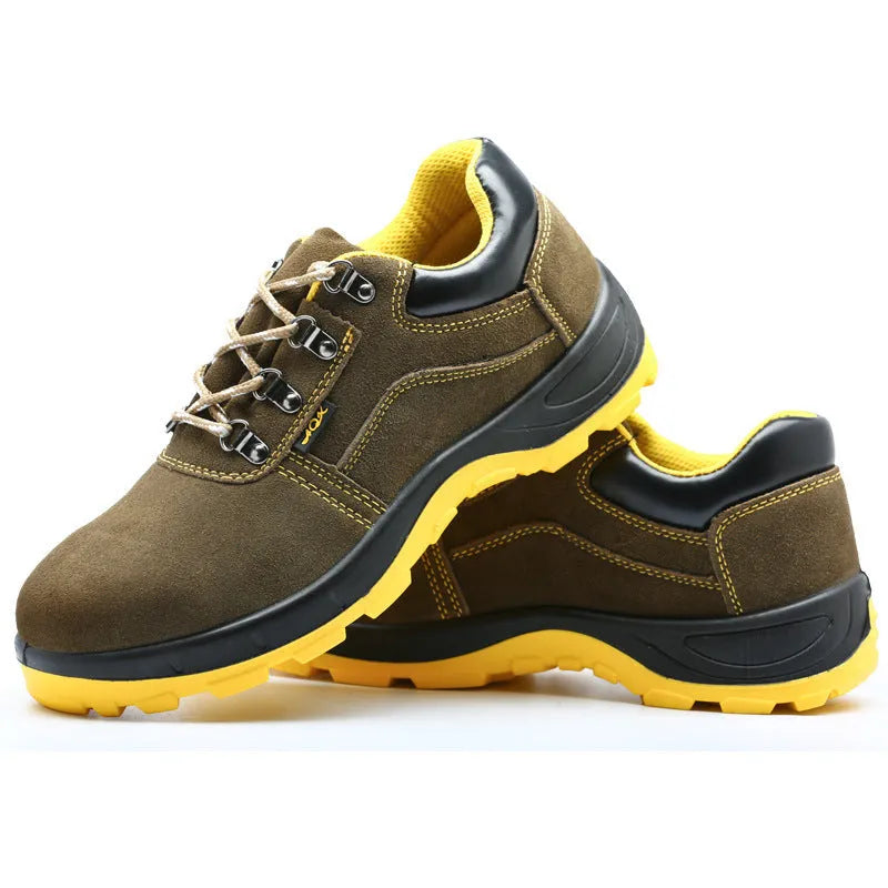 Men's bronze cowhide steel toe safety work boots with anti-skid sole.