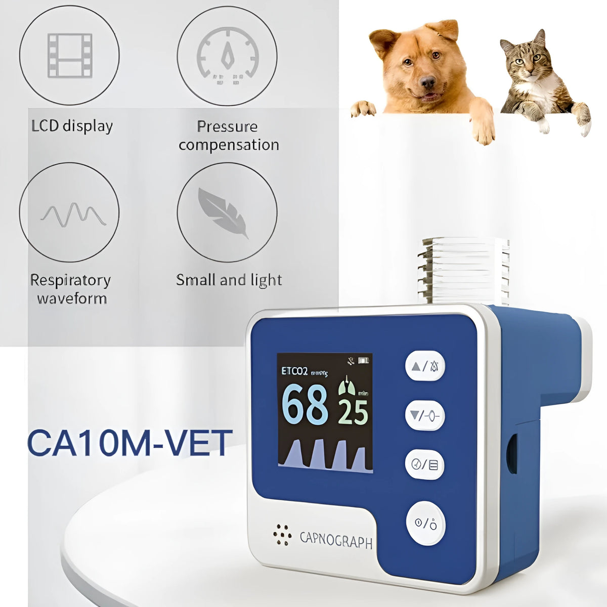 Veterinary mainstream CO2 capnograph CA10M monitor for EtCO2 and respiration rate, 59x56x59.5mm, 92g
