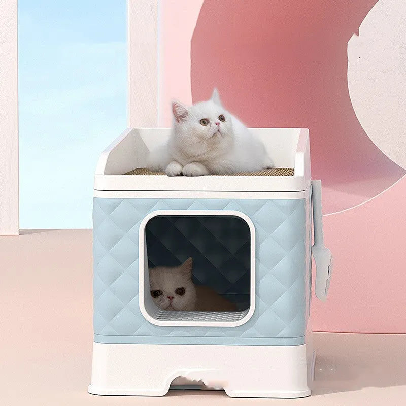 Pet cat nest with removable washable cover and cat scratching board in light blue
