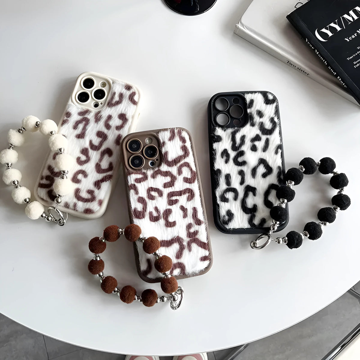 Leopard print plush silicone phone case with chain bracelet for Apple iPhone, shockproof all-inclusive cover in brown, black or beige