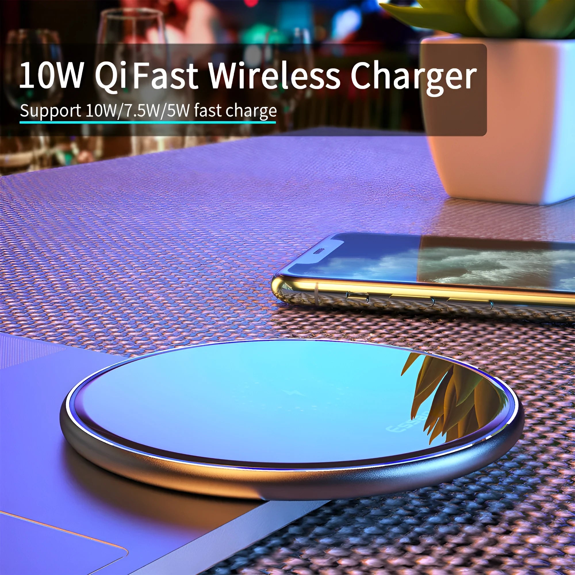 Black wireless charging pad with LED indicator for phones and headphones