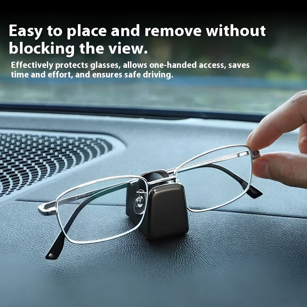 Zinc alloy and leather car dashboard clip for holding sunglasses, shown in green, black, grey, or red.