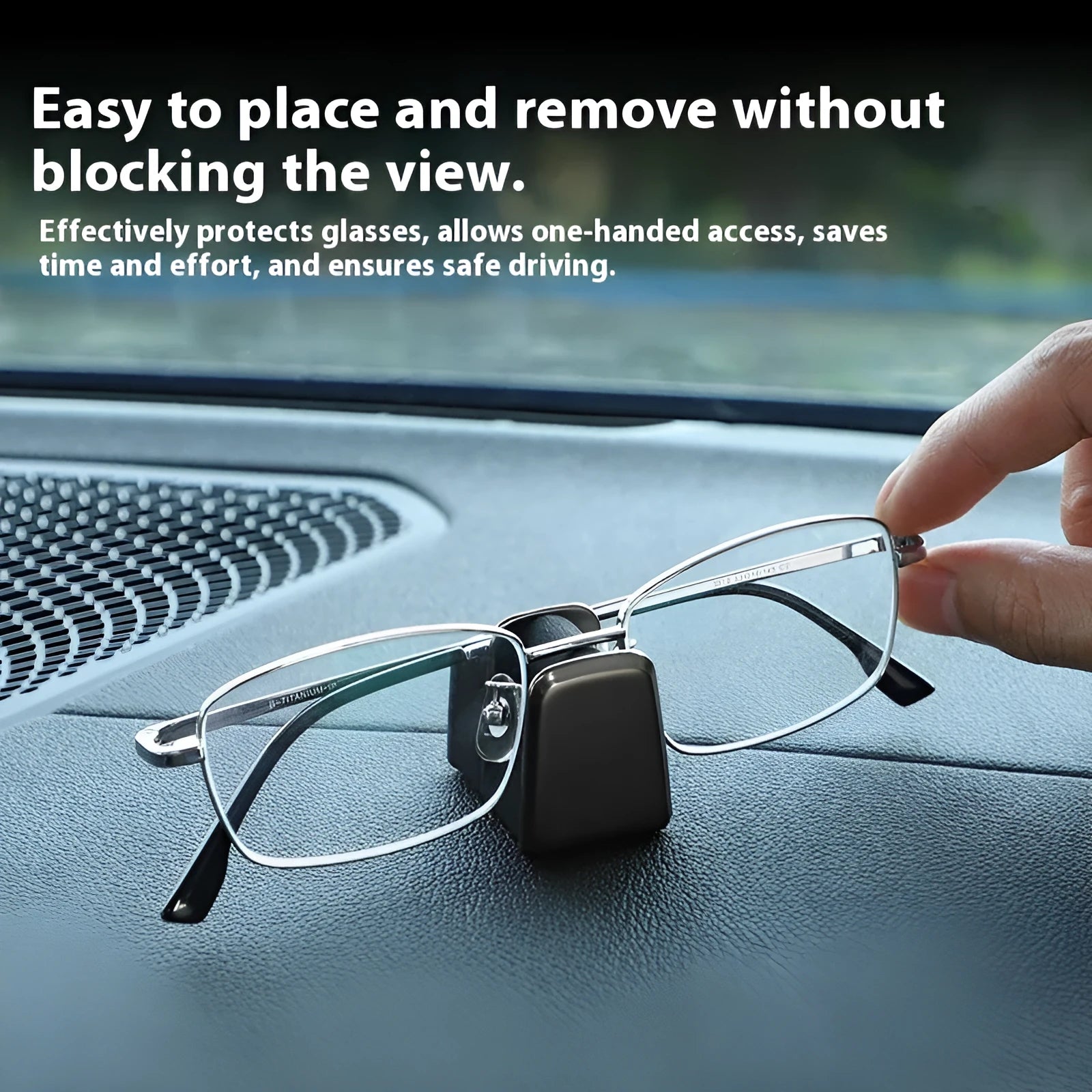Zinc alloy and leather car dashboard clip for holding sunglasses, shown in green, black, grey, or red.