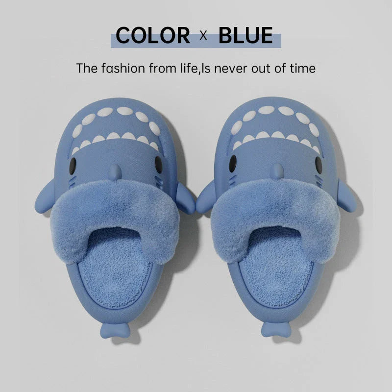 Cozy and stylish shark-themed slippers with plush, fuzzy interior and durable, non-slip outsole for comfortable indoor and outdoor use