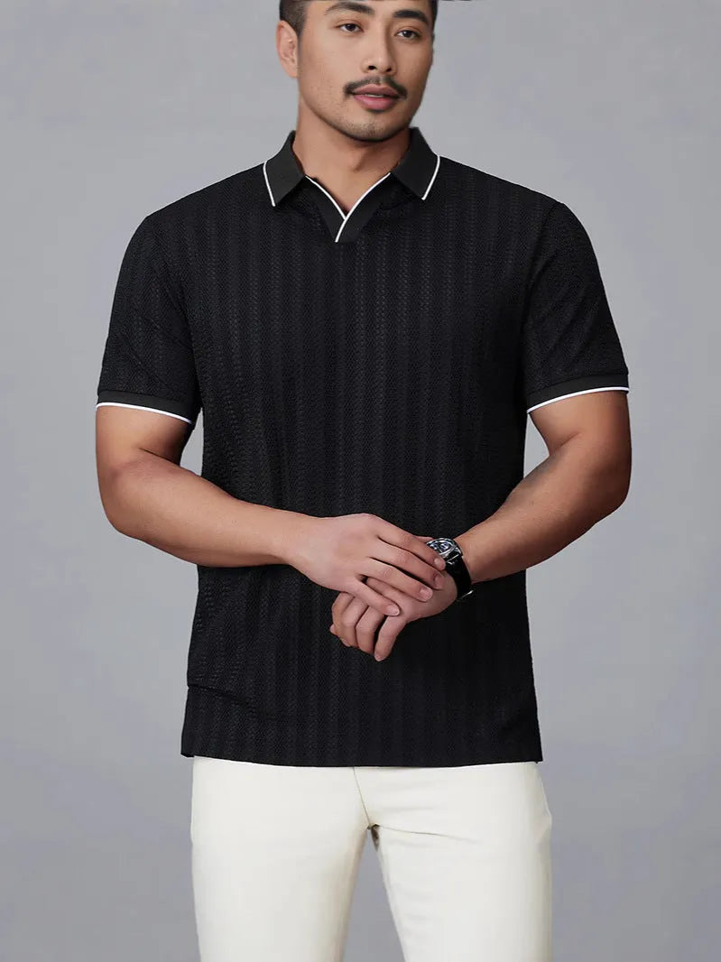 Men's black nylon polo shirt with short sleeves and loose casual fit on hanger