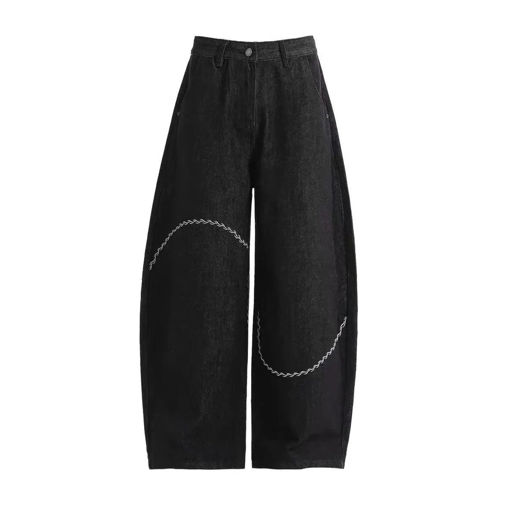 Black straight-leg casual trousers with micro-elastic waistband and zip fly opening