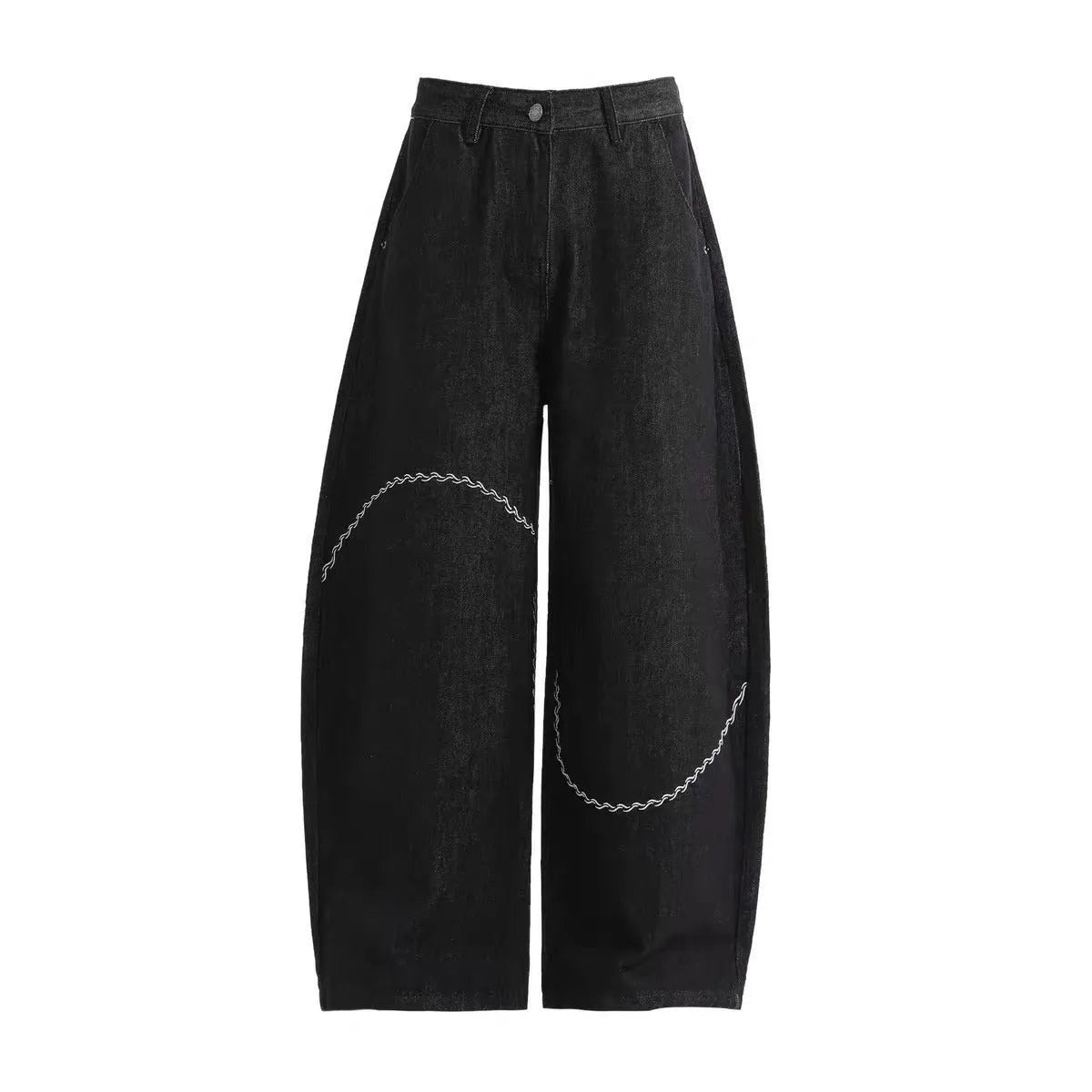 Black straight-leg casual trousers with micro-elastic waistband and zip fly opening