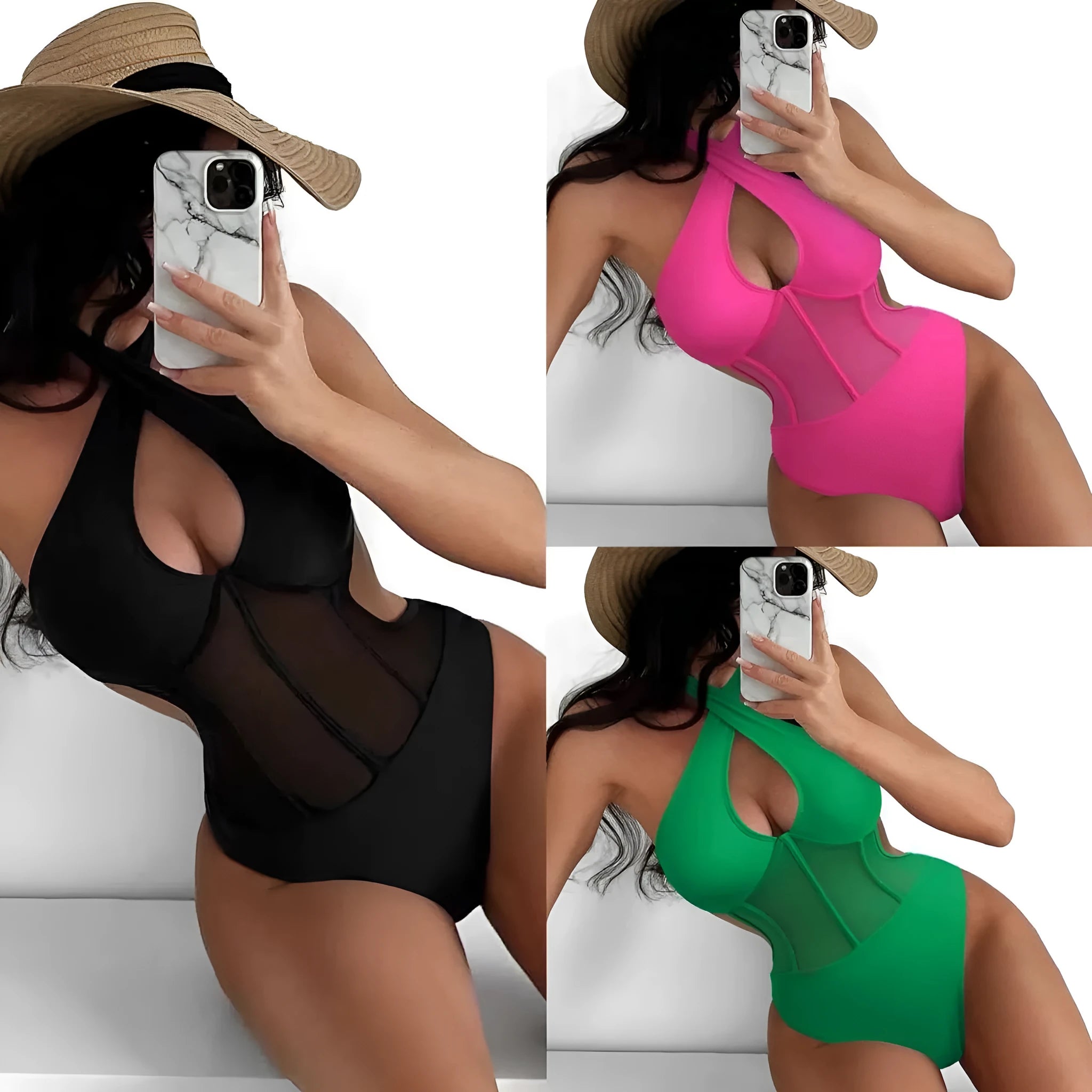 Ladies black one-piece bikini swimsuit made from nylon and spandex fabric on a mannequin.
