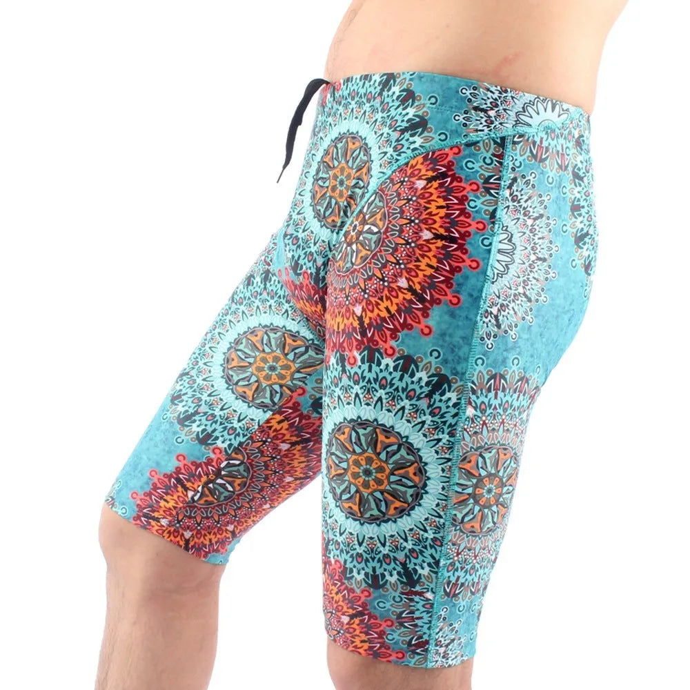Men's green and navy blue swimming trunks with quick-dry fabric and anti-embarrassment lining