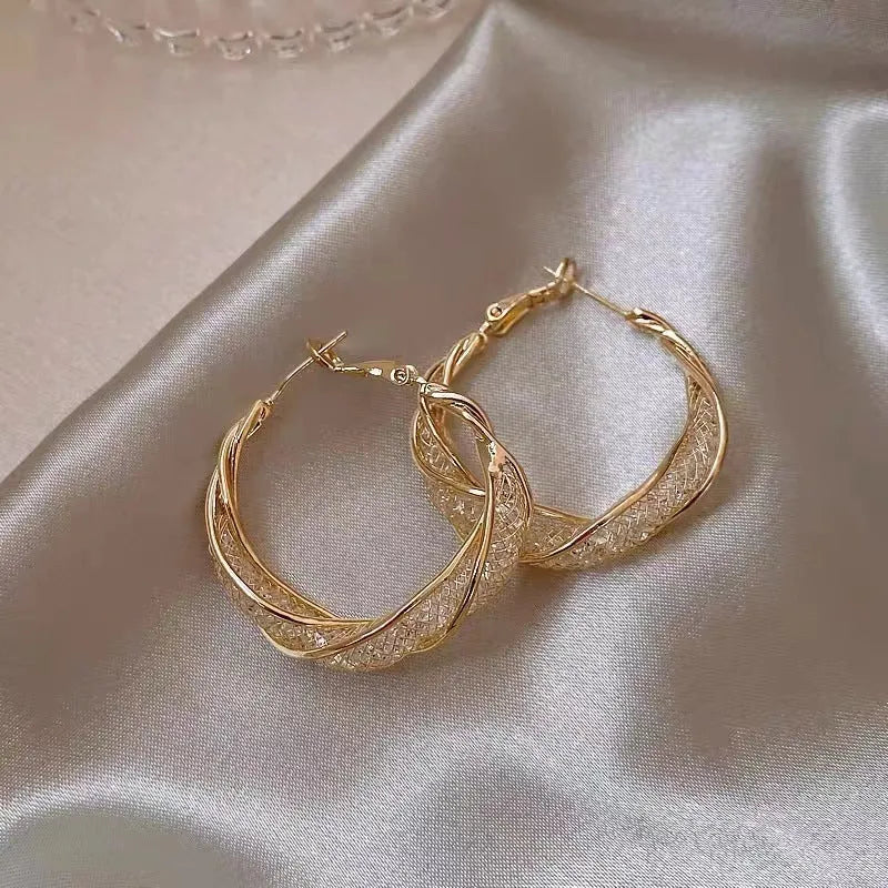 Mixed material mesh crystal and silver geometric ring shape earrings for women electroplated finish