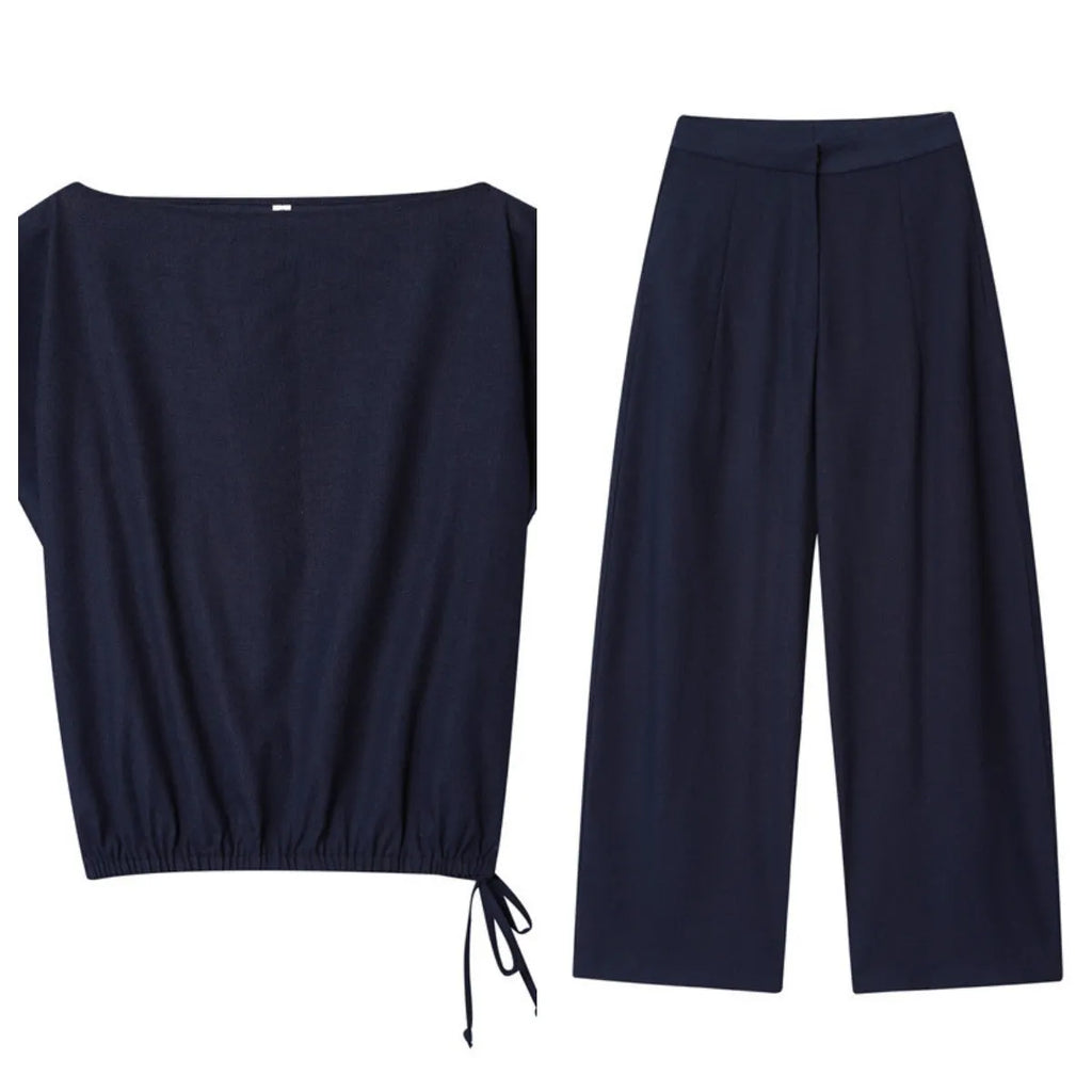 Women's linen-look shirt with off-neck and flounced sleeves paired with wide leg trousers