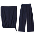 Women's linen-look shirt with off-neck and flounced sleeves paired with wide leg trousers
