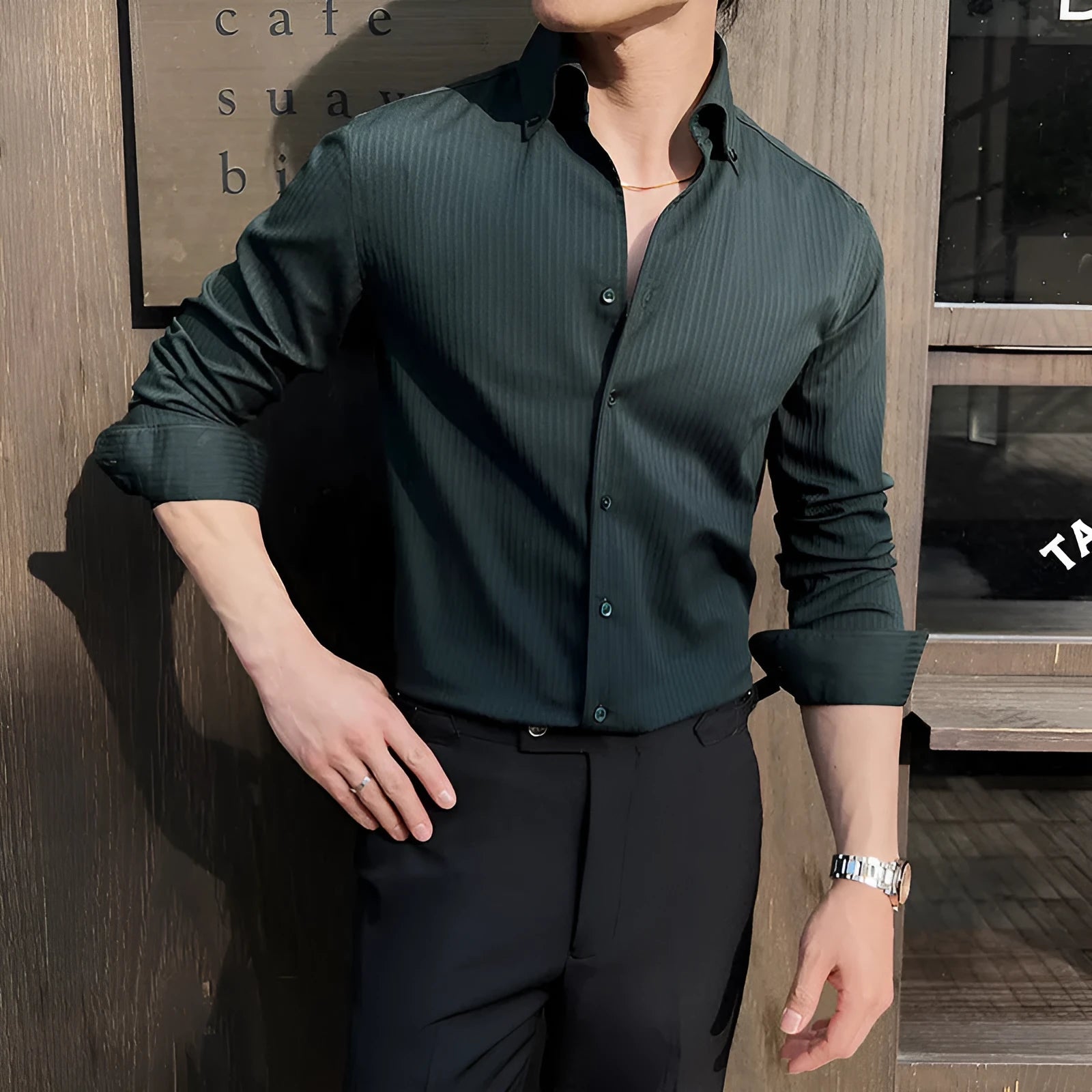Men's striped V-neck long sleeve cardigan shirt in a chemical fibre blend.