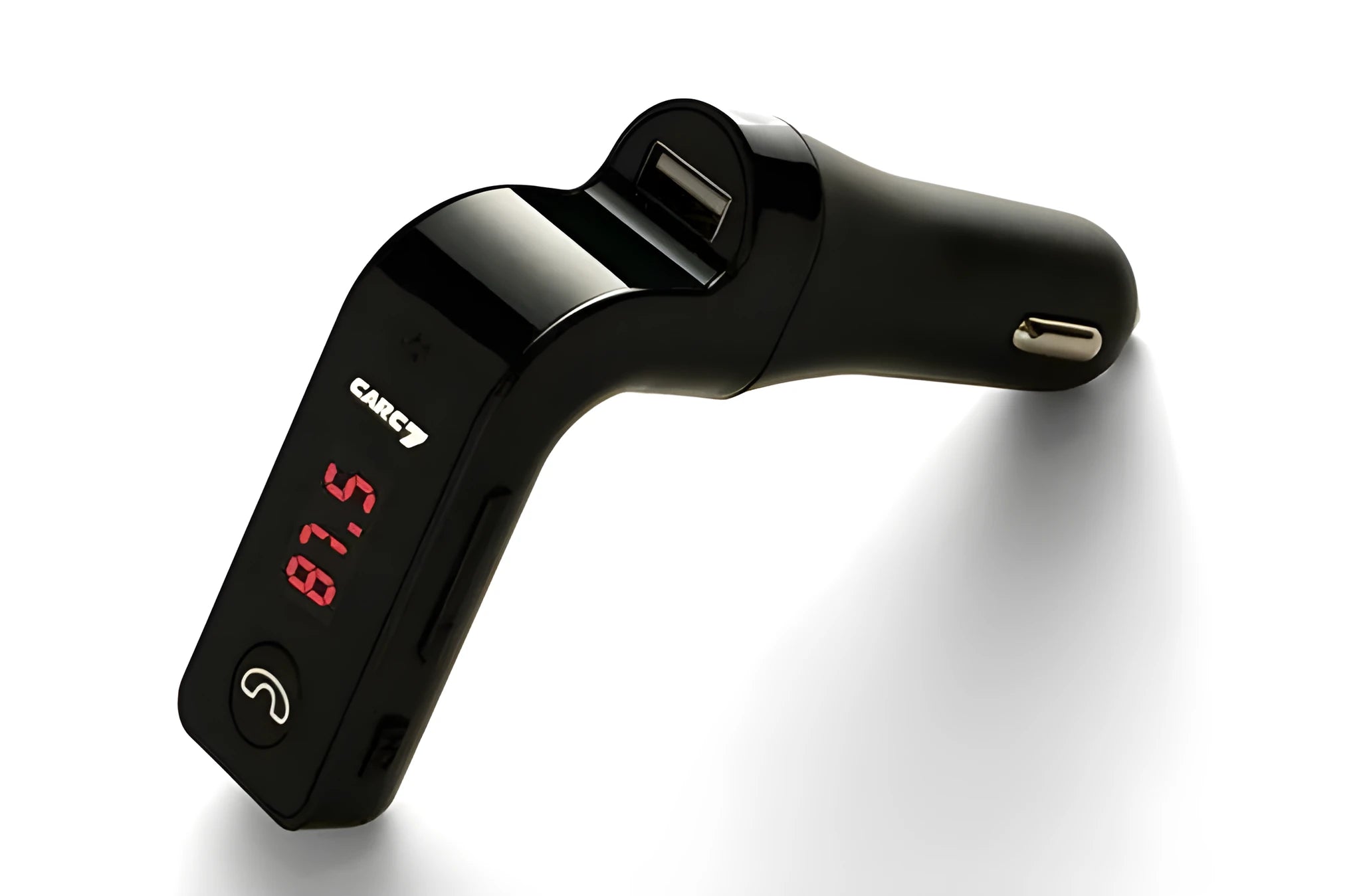 Car MP3 Bluetooth player with 1.2-inch LED screen, SD card slot, and FM radio, plugged into a cigarette lighter socket