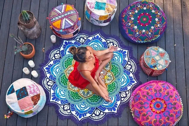 Round polygon printed tassel bath towel yoga mat in blue with 150cm diameter