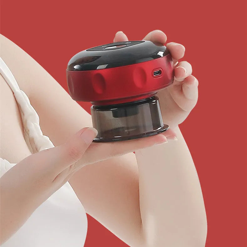 Black electric vacuum cupping massager with LED display and USB charging port on a white background.