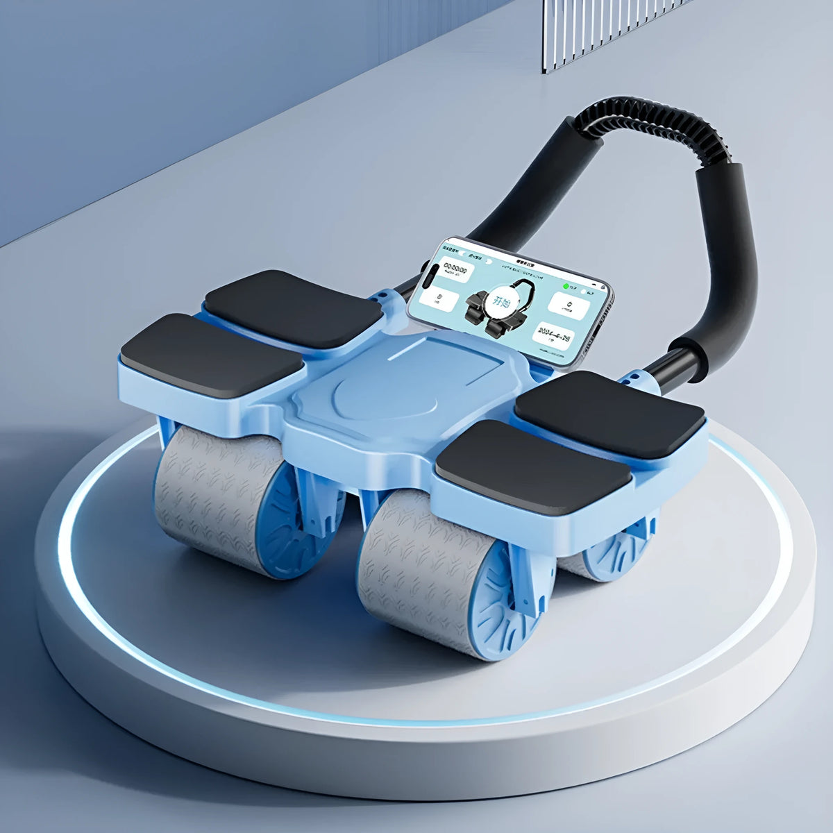 A black abdominal exercise wheel with four wheels and an automatic rebound mechanism on a floor.