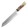 Stainless steel chef knife with 440C blade and turquoise resin handle on cutting board