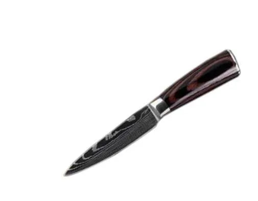 7Cr17 stainless steel kitchen knife with Damascus patterned 18 cm blade and coloured wood handle
