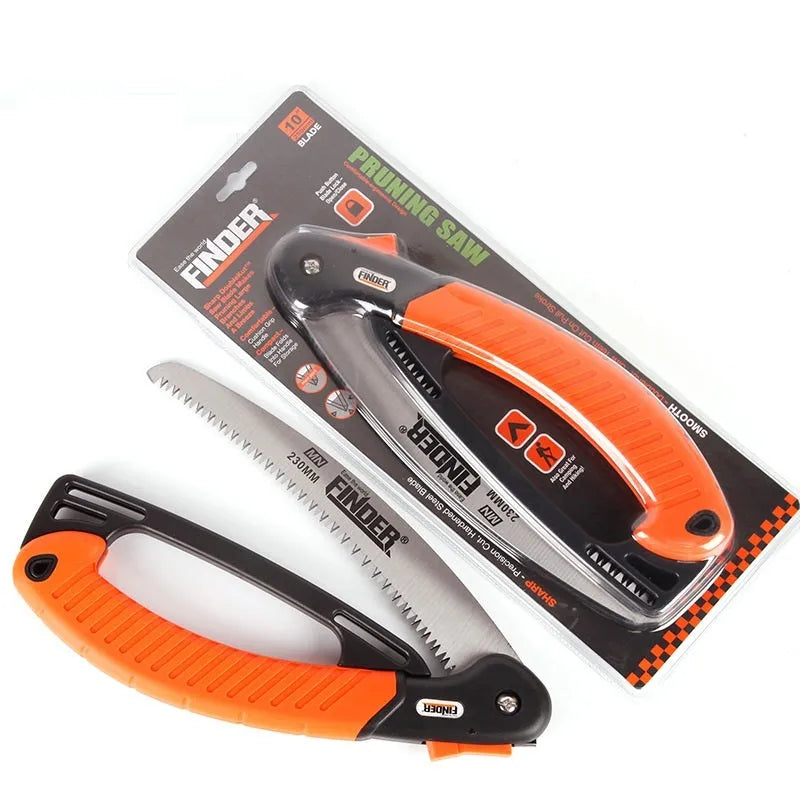 A folded garden hand saw with a TPR handle and a 230mm long metal saw blade extended.