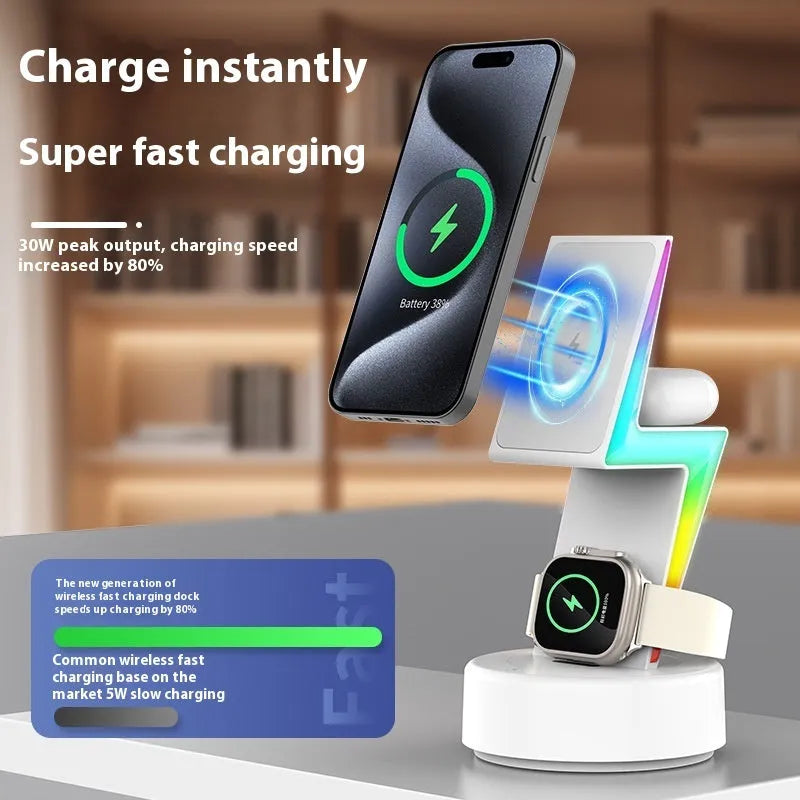 Lightning three-in-one wireless charger for mobile phone watch and headset in black finish