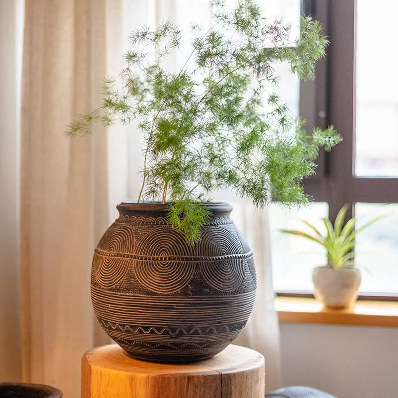 African Art Ancient Pot cement decorative flower pot medium size ethnic style