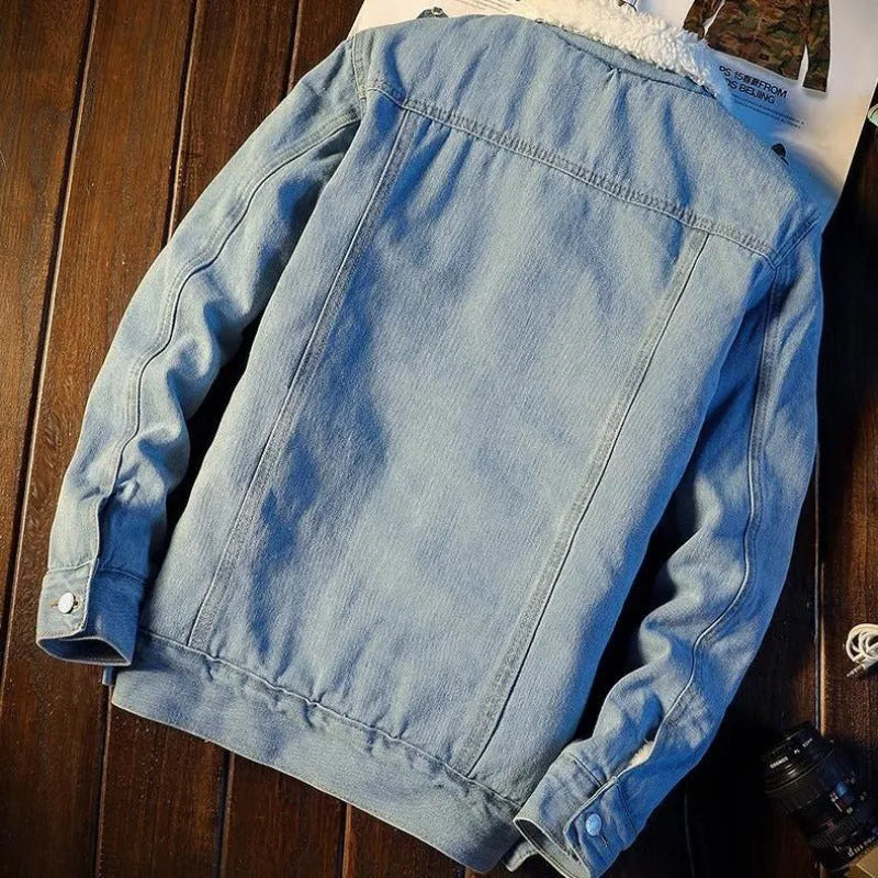 Men's fleece-lined denim coat, loose fit, long drawstring sleeves, sizes S-4XL, black light blue dark blue.