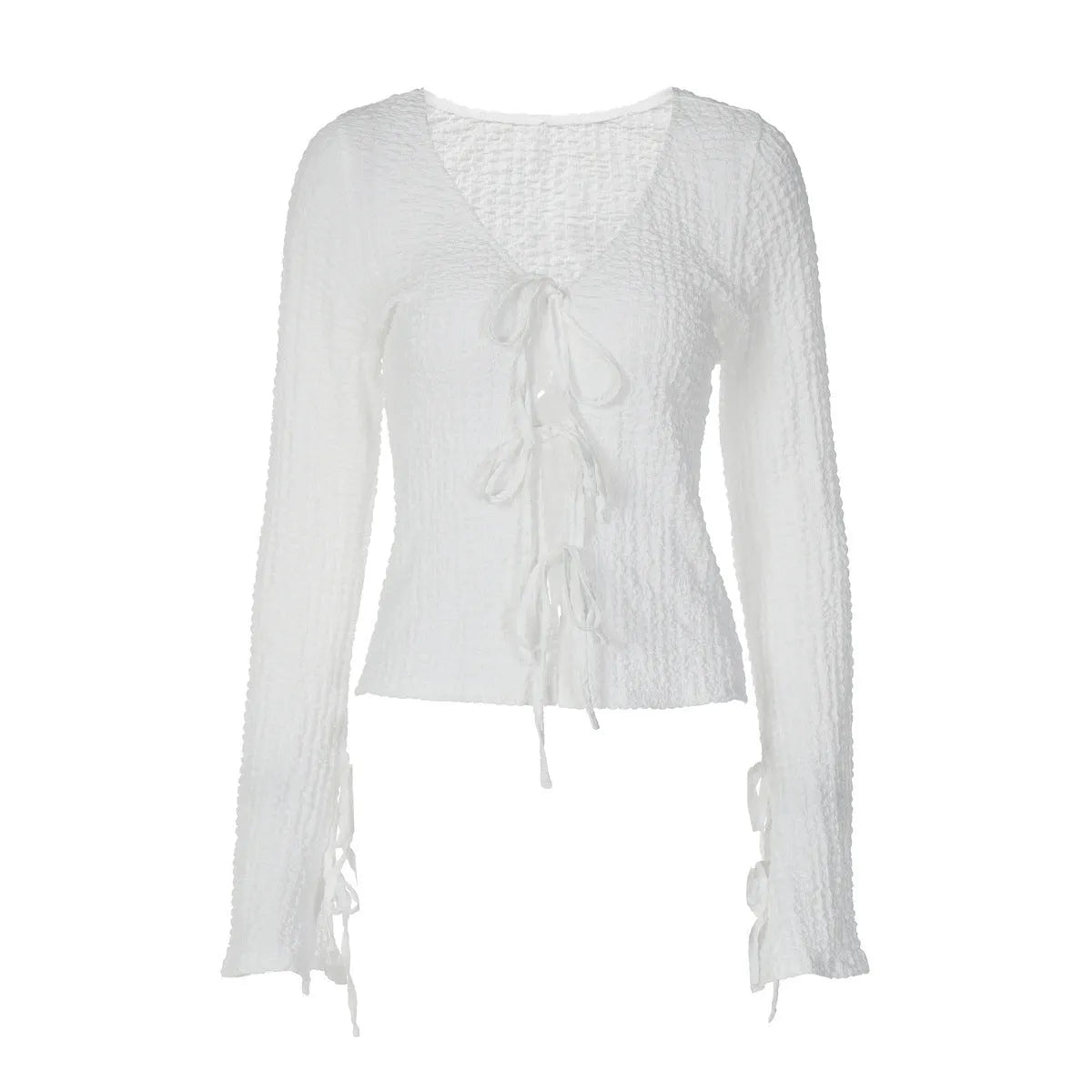 White lace-up backless long sleeve cardigan on a woman for casual layering