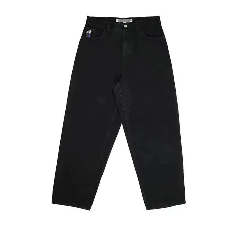 Men's retro straight-leg polyester denim trousers with printed patterns in black, dark blue, and light blue