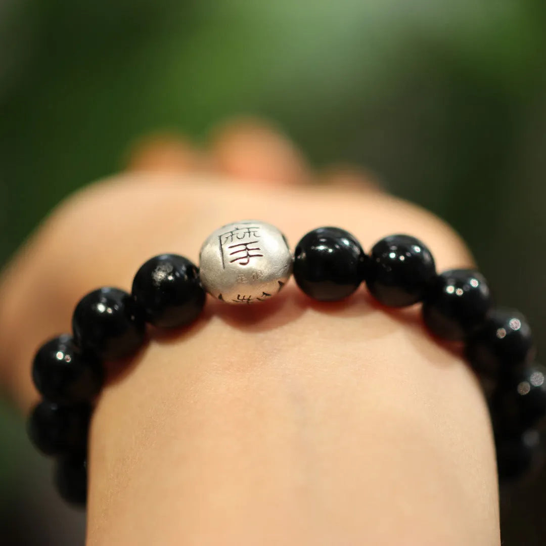 Natural black agate bracelet with sterling silver alloy clasp in Chinese style design