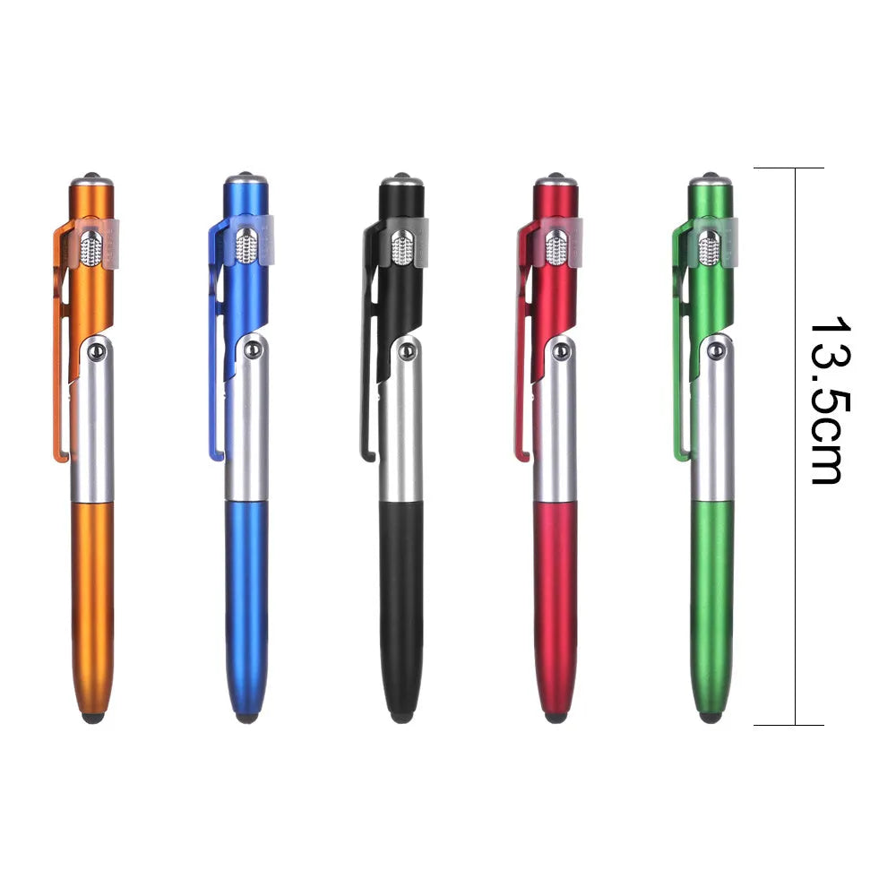 4-in-1 folding light pen mobile phone holder showing pen, phone stand, and LED light functions