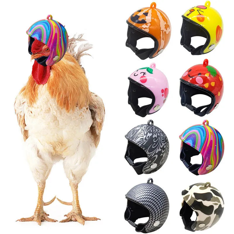A small plastic pet helmet for chickens, showing one of the 12 design variants including rainbow, zodiac, or smiley face prints.