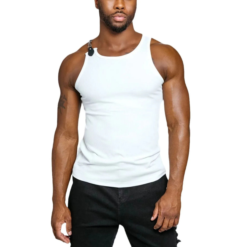 Black and white sleeveless cotton blend vest on a hanger, showing a tight fit.