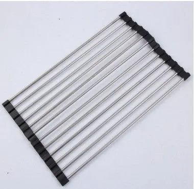 Folding stainless steel and PP kitchen sink drying rack shown in red, collapsed and open.