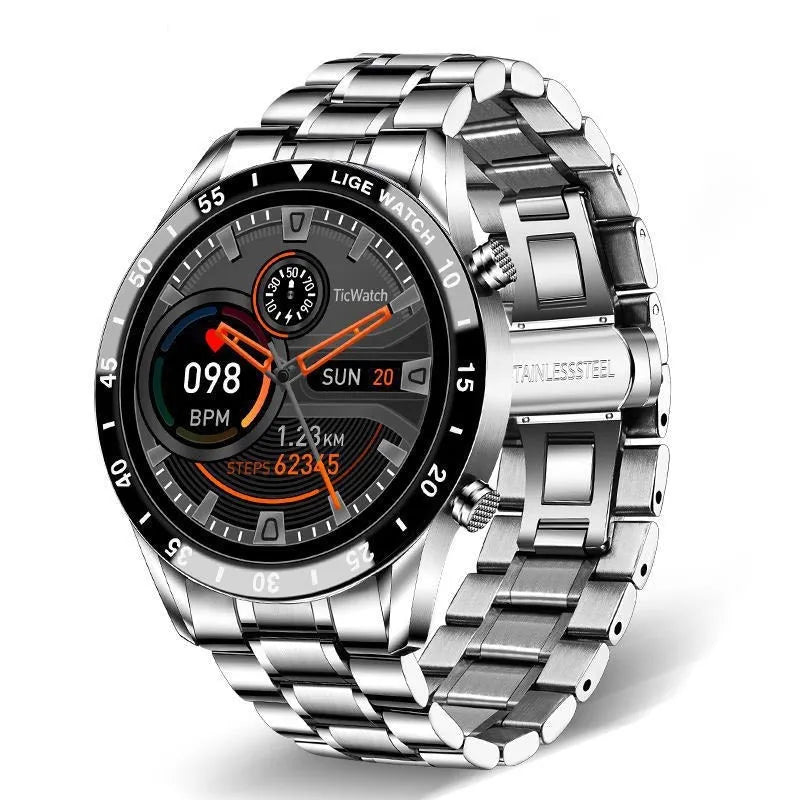 Smart watch with 1.3-inch touch screen, stainless steel wristband in black or silver, 46mm dial, 22mm strap width, 26cm strap length.