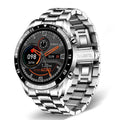Smart watch with 1.3-inch touch screen, stainless steel wristband in black or silver, 46mm dial, 22mm strap width, 26cm strap length.