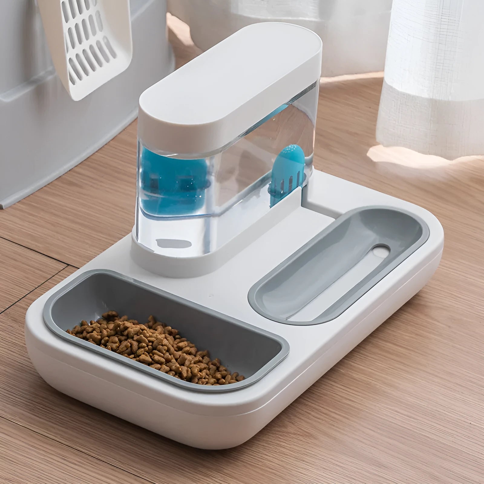 Automatic pet cat feeder water dispenser with double bowls, 1500ml, white and blue colours