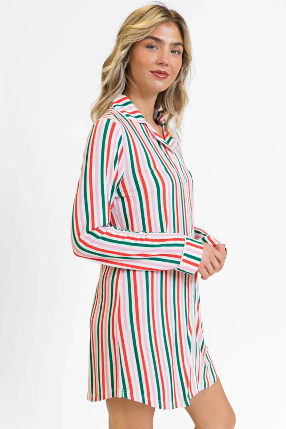 Women's striped Christmas long-sleeved dress in pink stripes made of polyester fibre