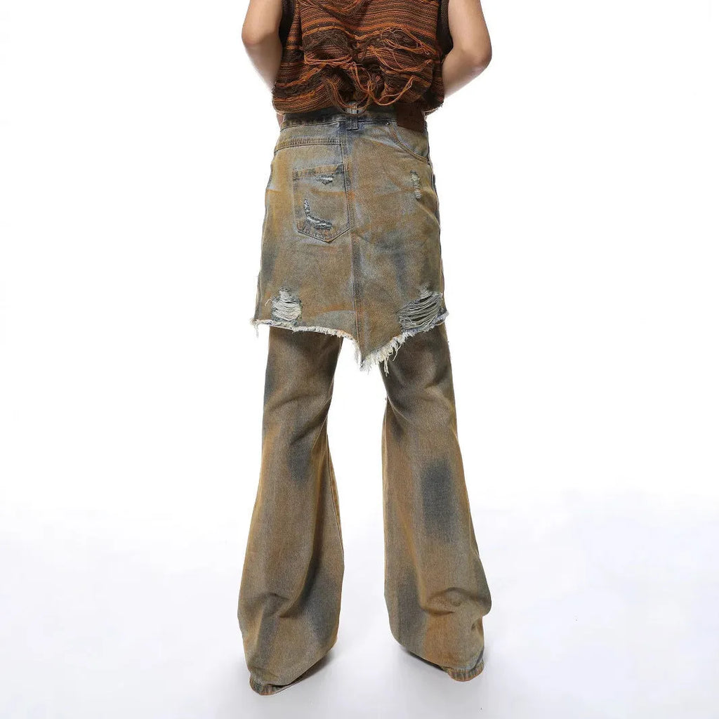 American Street loose hole bootcut trousers in denim, showing high waist and straight-leg style on a hanger.