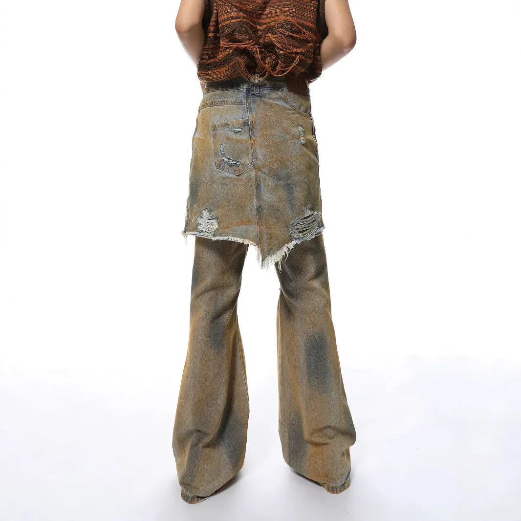 American Street loose hole bootcut trousers in denim, showing high waist and straight-leg style on a hanger.