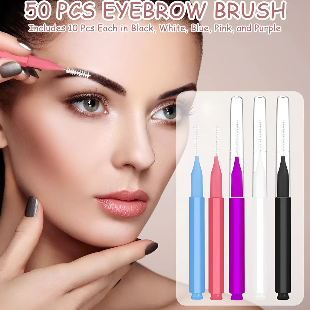 Set of micro eyebrow and eyelash brushes with protective caps in various colours on a white background.