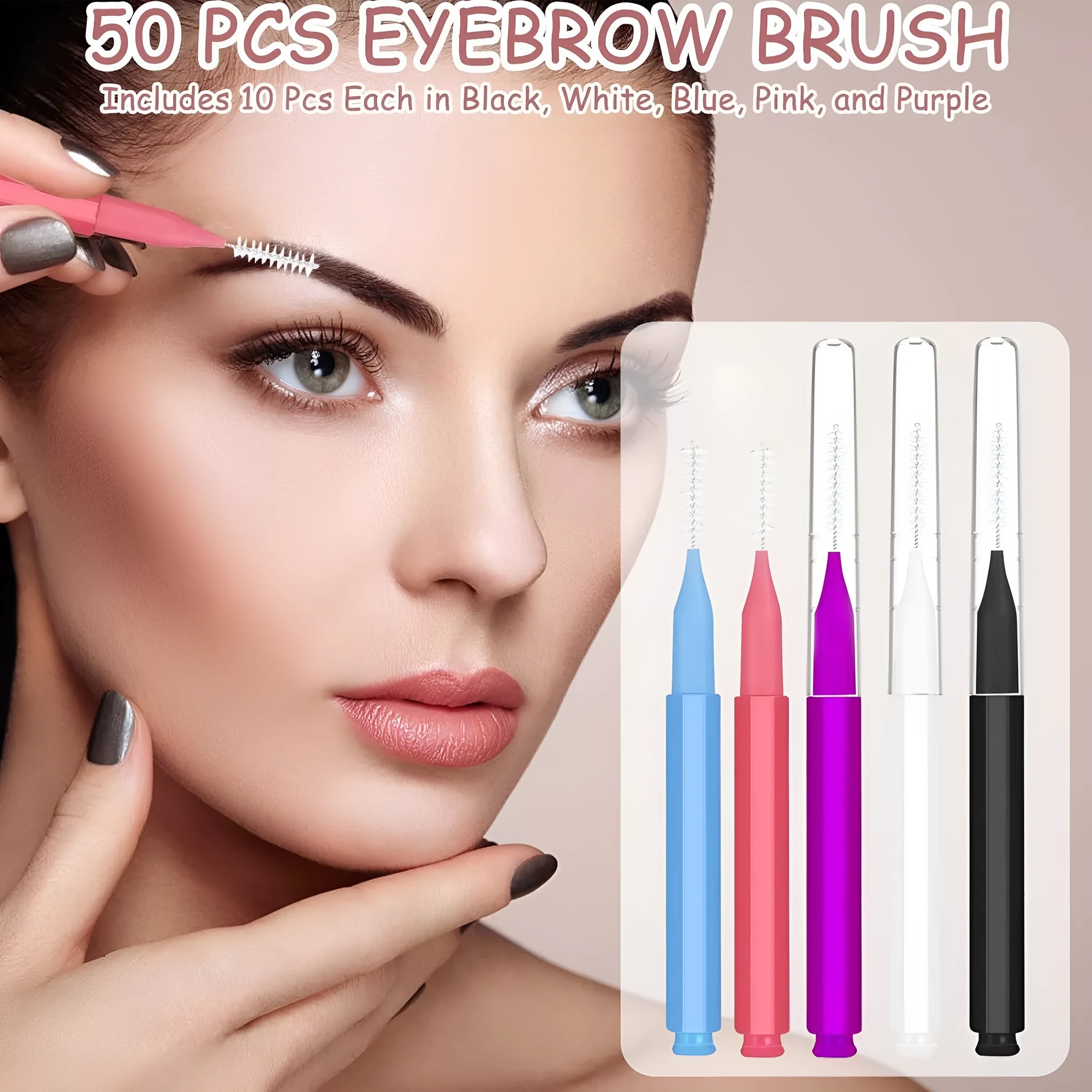 Set of micro eyebrow and eyelash brushes with protective caps in various colours on a white background.