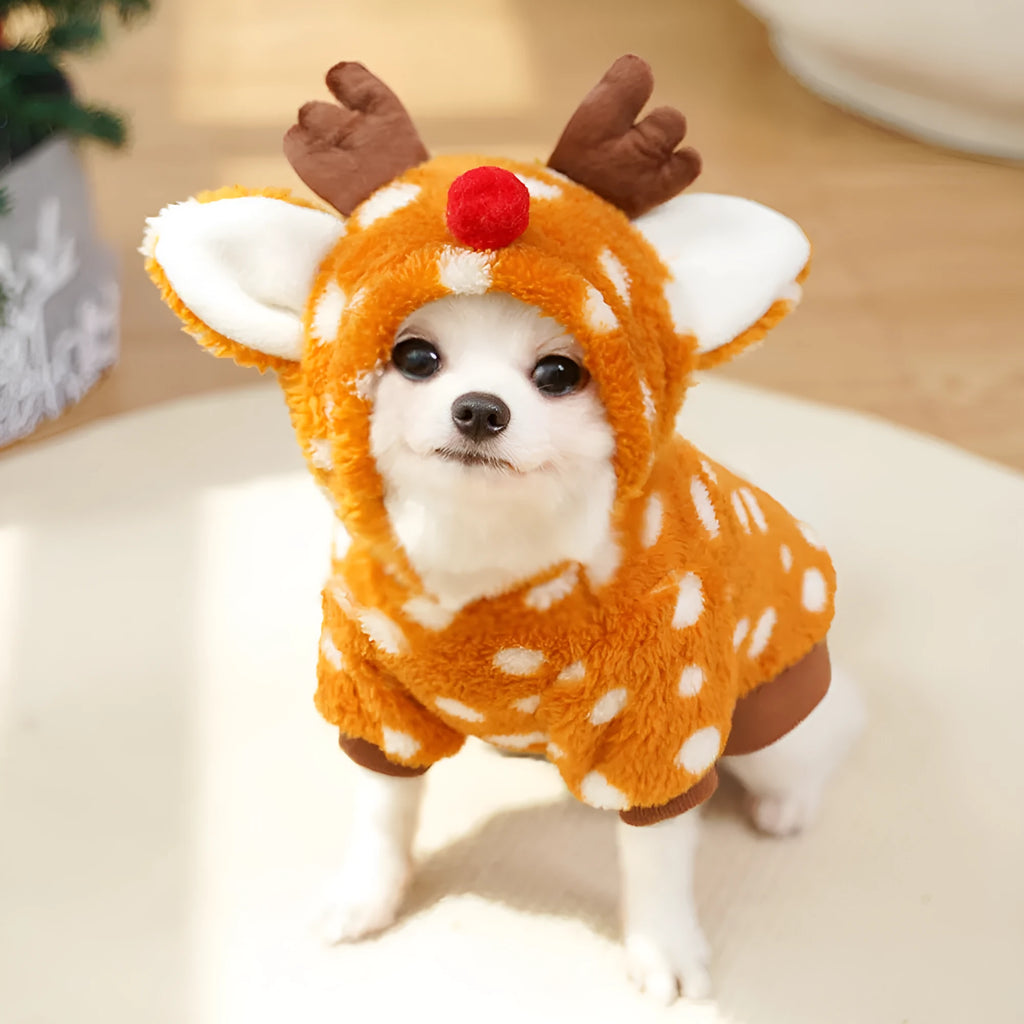 Elk reindeer costume for dog or cat with fleece lining, showing two-leg design and festive appearance