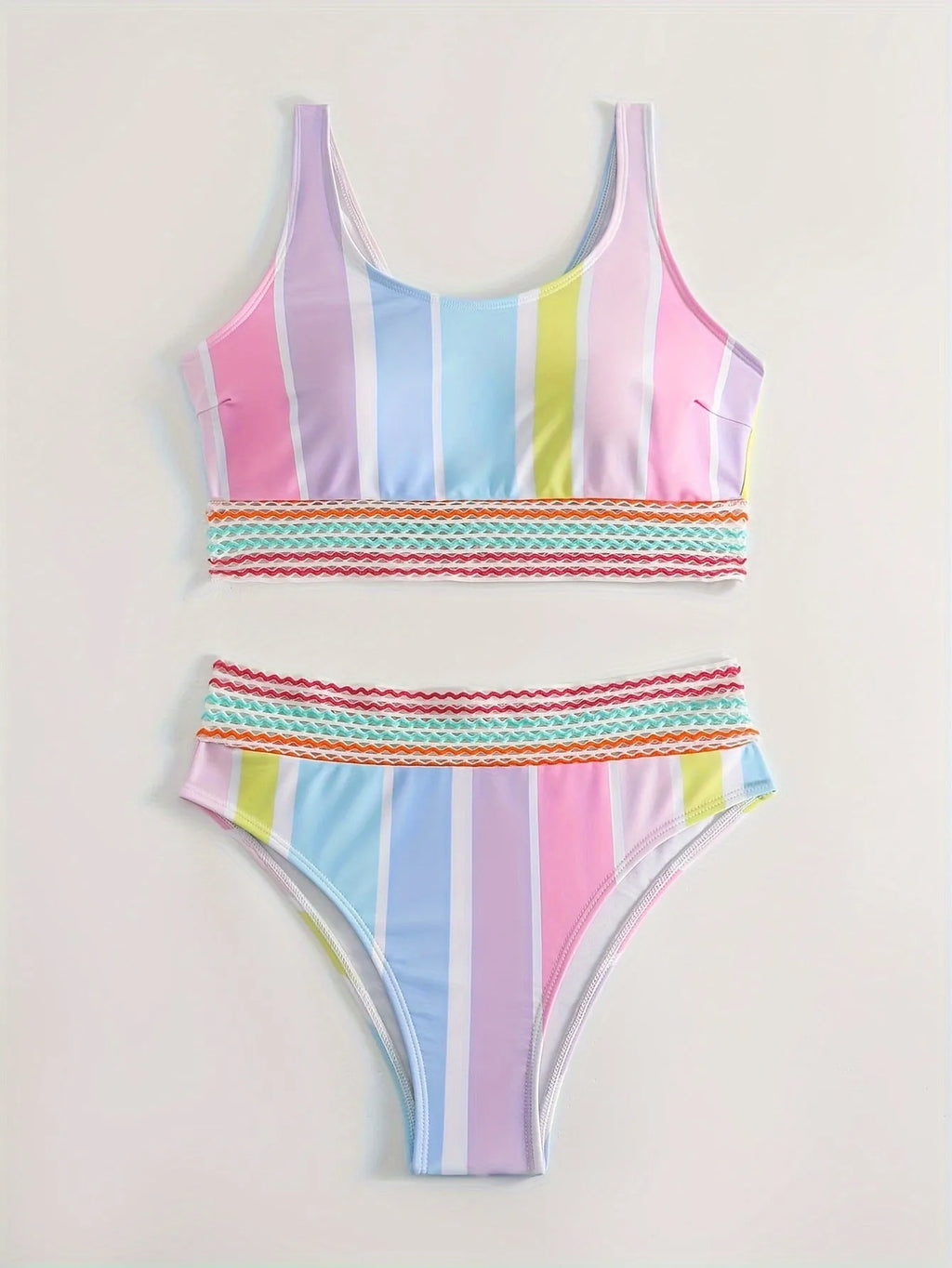 Women's striped bikini set in picture colour, briefs style with spandex lining.