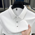 Men's ice silk polo shirt with striped pattern and asymmetric cut-out lapel in light green
