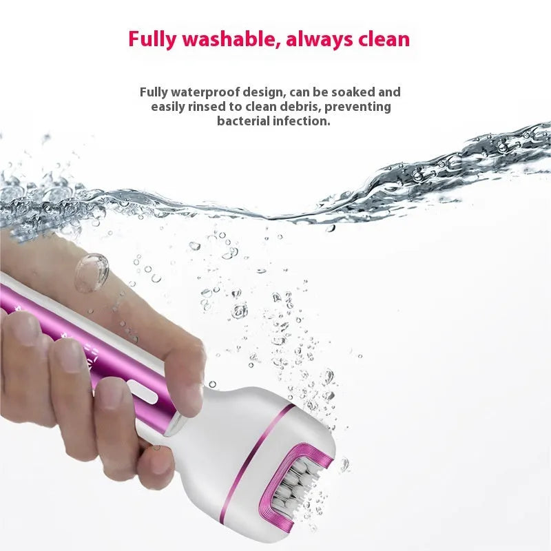 Pink three-in-one ladies electric depilator set with USB cable, shaver head, plucking head, foot grinder, and cleaning brush on a white background