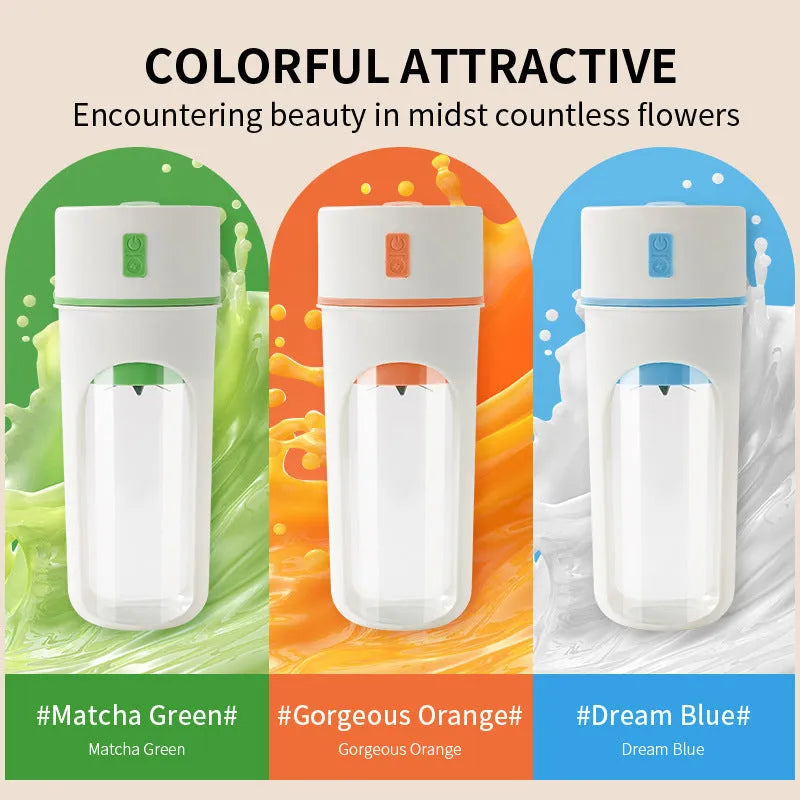 Portable electric juicer blender with USB charging in blue, green or orange colours showing 400ml capacity cup