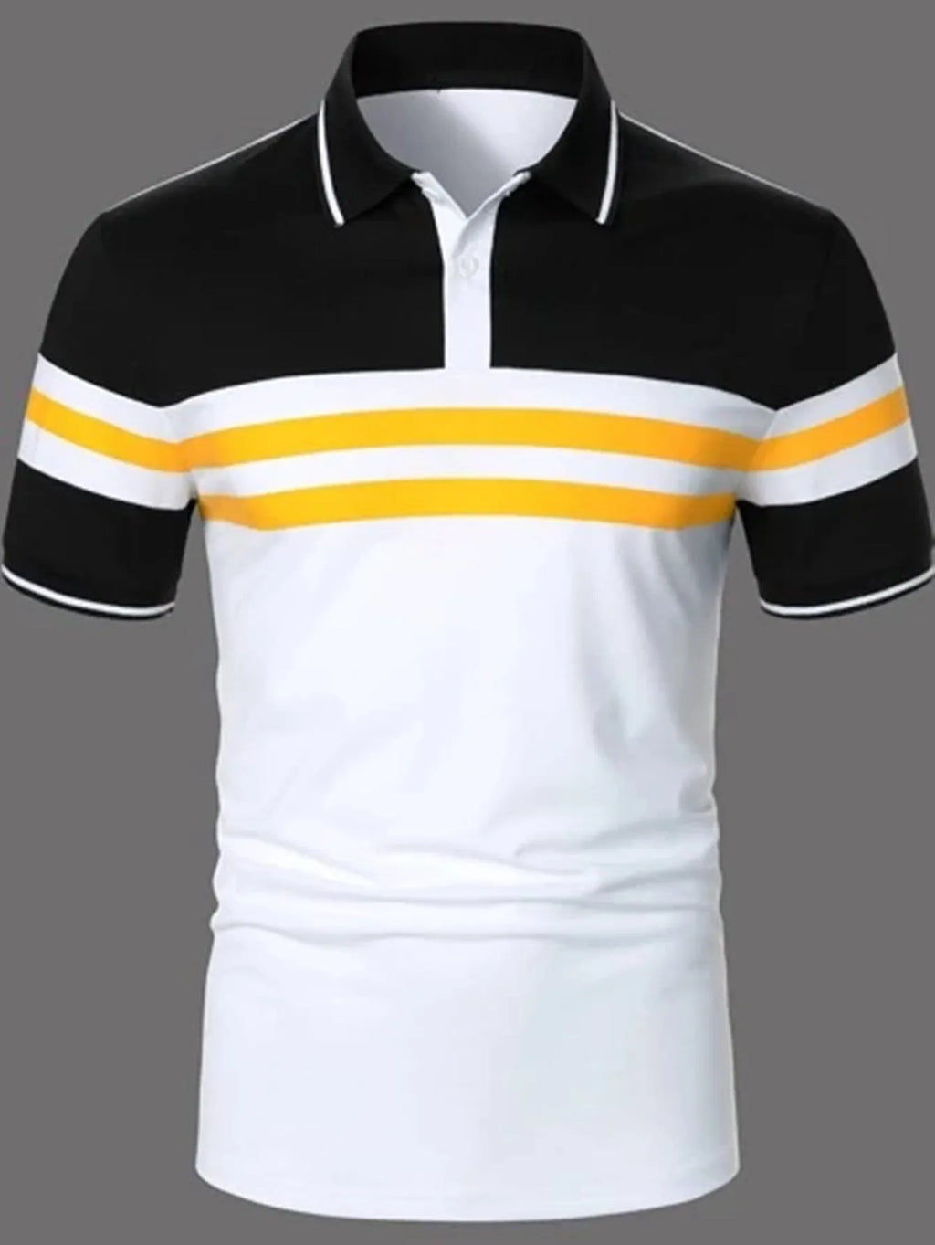 Men's striped white short sleeve button polo shirt with slim fit and side slits
