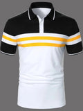 Men's striped white short sleeve button polo shirt with slim fit and side slits