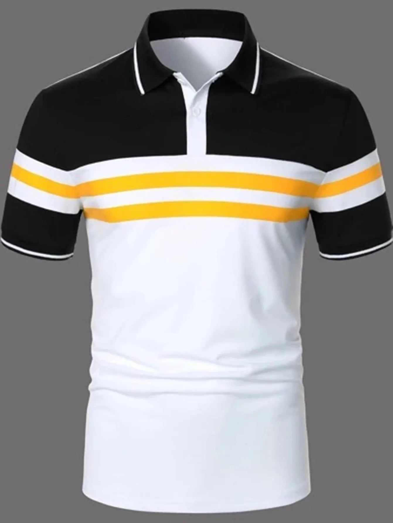Men's striped white short sleeve button polo shirt with slim fit and side slits